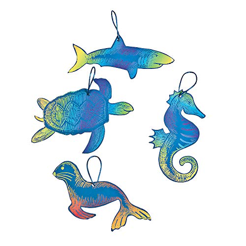 Fun Express 24 Magic Color Scratch Ocean Animal Ornaments, Assorted Styles