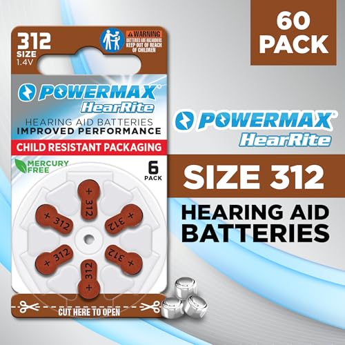 Image of Powermax Size 312 Hearing Aid Batteries, 60 Count Long-Lasting Battery Pack, Brown Long Tab for Easy Change