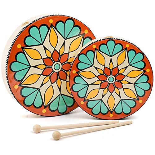 Foraineam 10 Inch & 8 Inch Hand Drum, Musical Percussion Instrument Colorful Wood Frame Drum with...