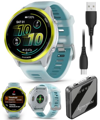 Image of Garmin Forerunner 570 47mm Advanced GPS Running & Triathlon Smartwatch, AMOLED Display, Training & Recovery, Amp Yellow Aluminum w /Translucent Whitestone /Turquoise Band w / Wearable4U PowerBank Bundle