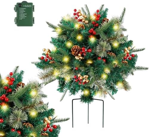 Topsworth Prelit Planter Bushes Christmas, Pre Lit Planter Bushes Christmas,Holiday Planter Filler Decorations,Christmas Planter,Outdoor Frosted Urn Filler with Cones & Red Berries(1PCS)