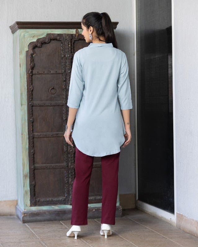 Image of Mlada Rayon Flare Top for Women | 3 /4th Sleeve Regular Fit and Flare Top | Women Office Tops Tunic | Western Long Shirt Top for Women | Shirt Collar Top for Women | Rayon Tunic Tops for Women Western