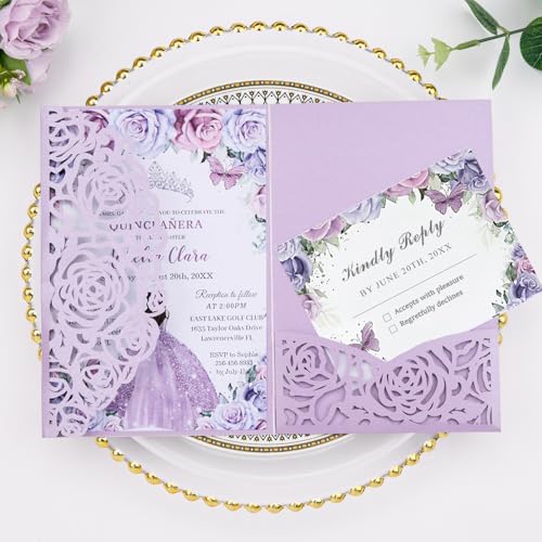 50PCS Purple Wedding Invitations with Envelopes and RSVP Cards, 4.9"x7"