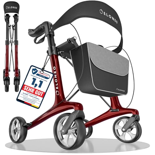 Carbon Rollator faltbar und leicht mit Sitz, Leichtgewicht-Reiserollator ultraleicht 5,5 kg, Gehhilfe für Senioren 9-fach höhenverstellbar, Laufhilfe faltbar für Kofferraum, mit Tasche & Schirmhalter