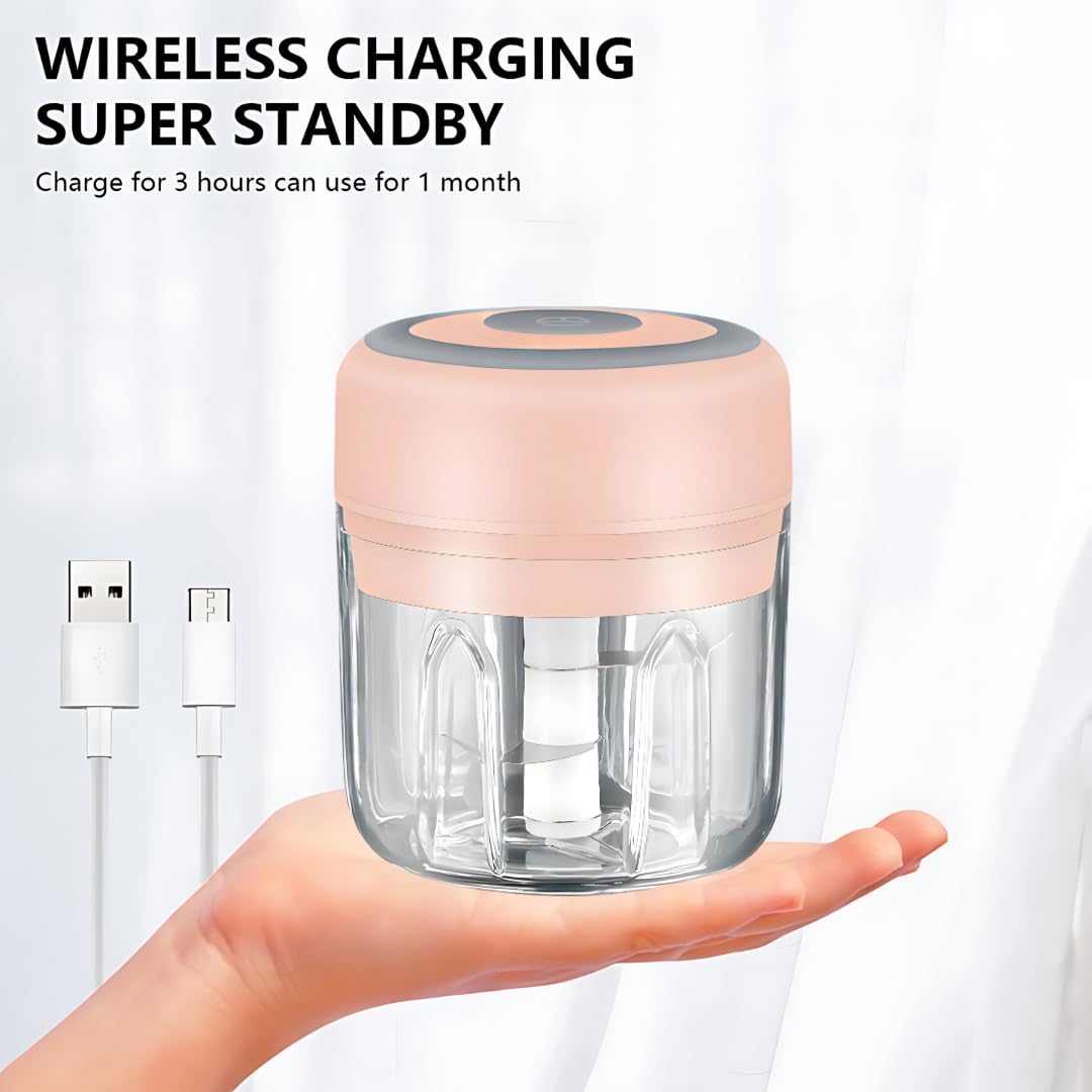 Pink - Mini procesador eléctrico de alimentos y picador de ajo, 250 ml, carga USB, 3 cuchillas, perfecto para picar verduras, pimienta, cebolla, ajo, jengibre, especias, carne, alimentos para bebés y