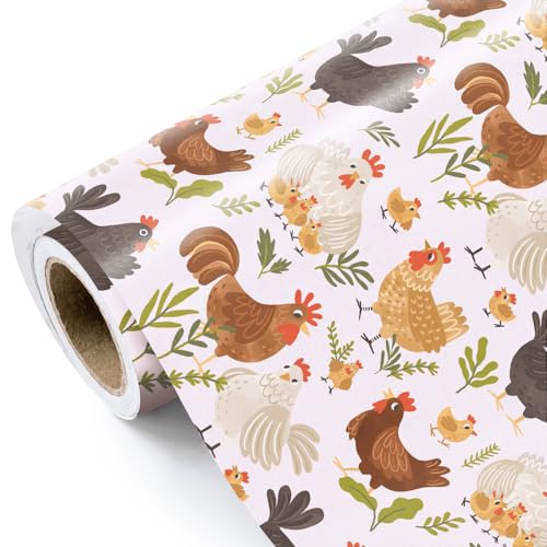 WRAPAHOLIC Chick Wrapping Paper Roll - Mini Roll - 17 Inch x 16.5 Feet - Cute Pink Chicken Farm Wrapping Paper for Birthday Baby Shower Country Present Wrapping