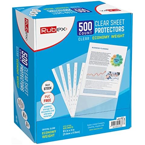 Rubex Sheet Protectors 8.5 x 11 inch Clear Page Protectors Plastic Sleeves Reinforced 11 Hole fit for 3 Ring Binder Top Loading 9.25 x 11.25 inch (500 Sheets) Cover