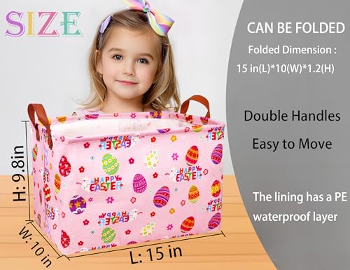 Image of Large Rectangular Easter Baskets Empty Waterproof Boy Toy Box Foldable Kid's Gifts Storage Bin Spring Room Decor(HAPPY Pink Rabbit Egg)