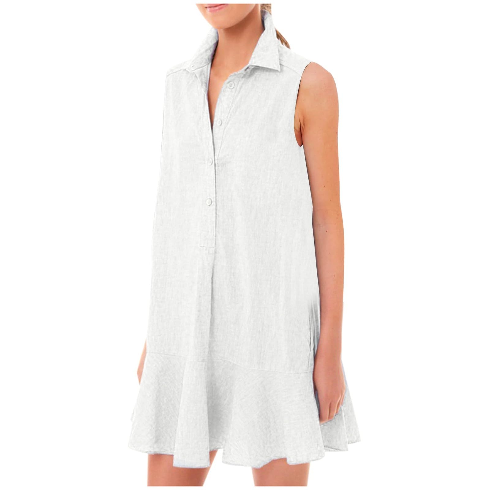 Generisch Vestido camisero de algodón sin mangas para mujer, vestido de cambray dulce con botones y dobladillo con volantes y bolsillos prácticos