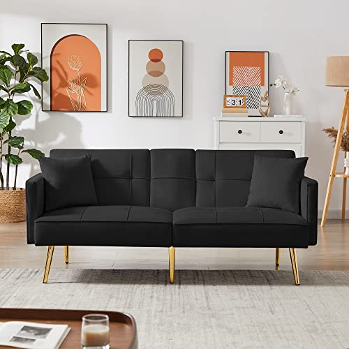 Futon Sofa Bed With Cup Holder, Antetek 69-Inch Modern Tufted Velvet Convertible Sleeper Sofa Couch Oversized Loveseat Sofa W/3 Adjustable Positions, 6 Metal Legs For Living Room Bedroom Office, Black #TOP2