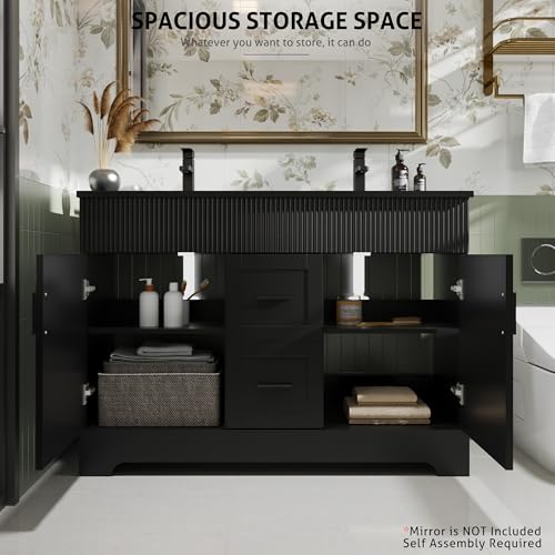 Image of eclife 48 inch Bathroom Vanities Sink Combo with Painted Surface, Modern Drawered Cabinet W /Decorative Wave Lines, Undermount Double Black Sink, Matte Black Faucet Drain, Black
