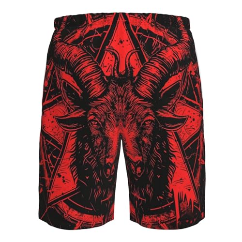 Baphomet Goat Satan Satanic Pentagram Red Black Men's Quick Dry Swim Shorts, Mesh Lined Beach Trunks with Pockets3