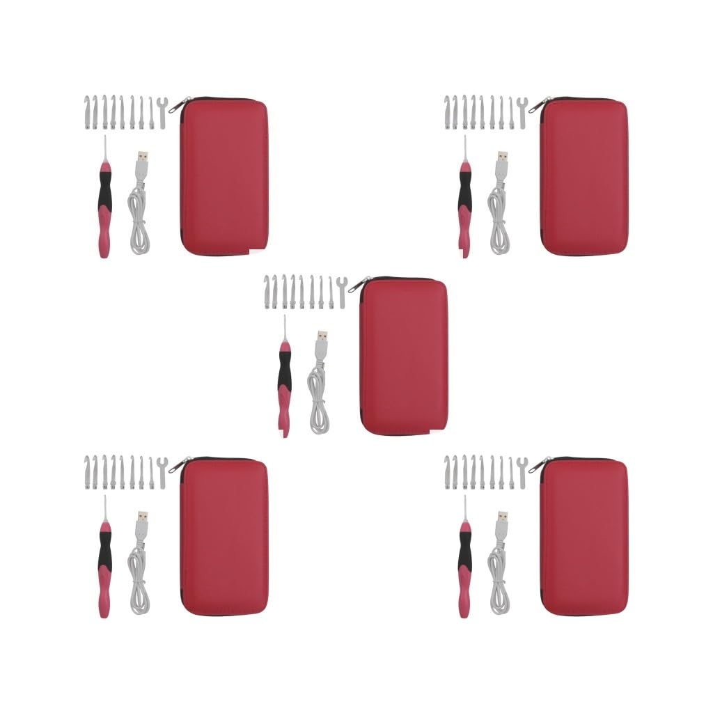 Juego de 5 agujas de ganchillo iluminadas, 9 piezas, herramientas de tejer recargables por USB, con funda, color rojo