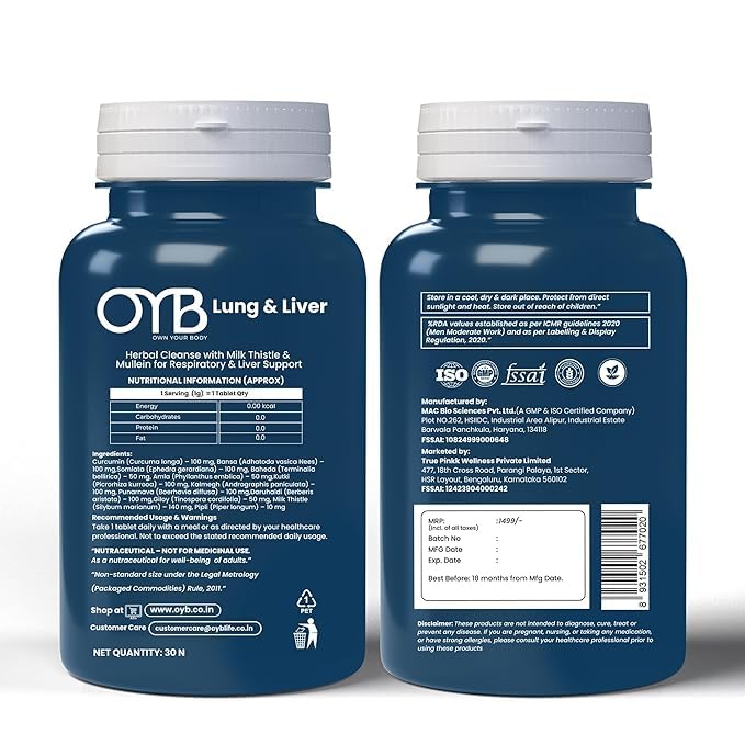 Image of OYB Lung & Liver Detox Tablets | Ayurvedic Liver Detox Supplement with Milk Thistle, Giloy, Kutki & Amla | Supports Liver Health, Lung Health, Respiratory Support, Immunity & Natural Antioxidant Protection | 30 Tablets