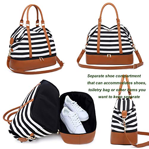 Womens Travel Weekend Bag Canvas Overnight Carry on Shoulder Duffel Beach Tote Bag (Black stripe with shoe compartment)