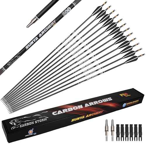 SUNYA Archery Compound Bow Arrows 12pcs Set. 30" Carbon Shaft, Spine 400 or 500 with Removable Tips (Black White-Black Nock, Spine 500-30Inch)
