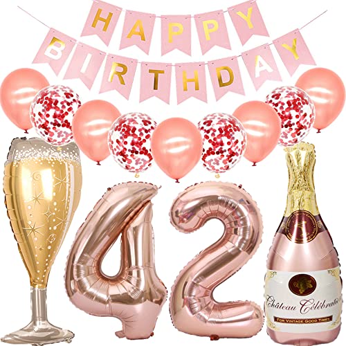 Feelairy Ballons 42 ans Anniversaire Femme, Decoration Anniversaire 42 ans Or Rose, Ballon Bouteille de Vin Ballon à Hélium Bouteille de Champagne pour Décoration de Fête d'anniversaire 42 ans Femme