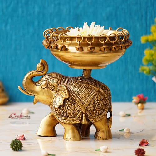 Image of eCraftIndia Golden Brass Urli on Elephant Statue with Bells| Urli for Floating Flowers Decorative Showpiece Brass for Home Decor Office | Diwali Decoration Items | Gift for Housewarming Birthday