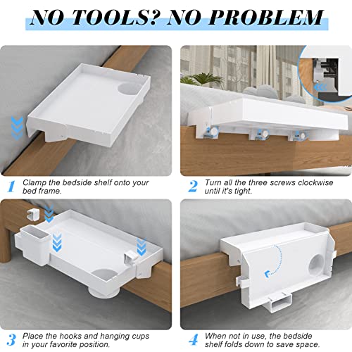 Ronlap Folding Bedside Shelf, Bunk Bed Shelf Organizer For Top Bunk Dorm Clip On Nightstand For College Dorm Loft Bed With Cup Holder Hooks Hanging Cup Plastic Bedside Shelf Tray For Kids, White #TOP4