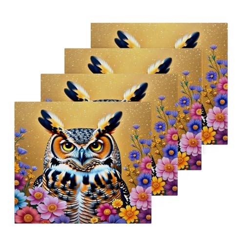 Flradish 4 Pack Golden Owl Flowers Pure Cotton Washcloths 12 x 12 Inch Reusable Absorbent Soft Cotton Face Towels Fingertip Towels Set for Gym Towels,Hotel and Spa