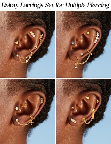 LOLIAS 20G Cartilage Earrings Set for Women Men Surgical Steel CZ Opal Small Hypoallergenic Flat Back Stud Earrings Hoop Chain Dangle Conch Daith Helix Tragus Cartilage Piercing Jewelry 33Pcs3