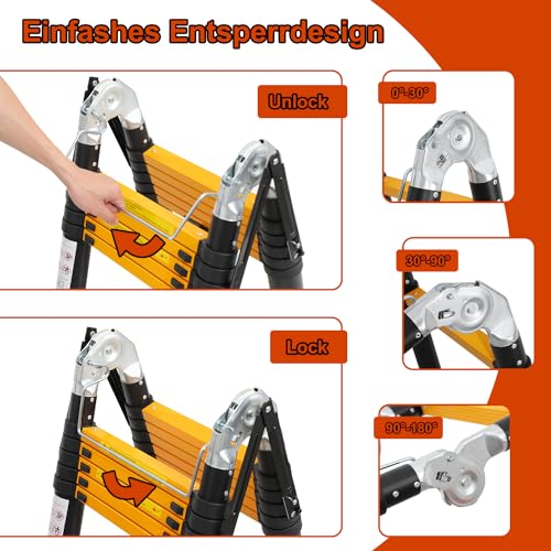 Herrselsam Teleskopleiter A-Rahmen, 3.8m(1.9m+1.9m) Klappleiter Alu Multifunktionsleiter mit Stabilisator Bar und Rädern, Rutschfester, Max Belastung 150 KG, Schwarz Gelb – Bild 5