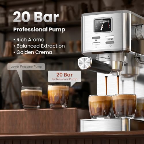 Image of Electactic Semi-Automatic Espresso Machine, 20 Bar Stainless Steel Espresso Machine with Pressure Gauge, Steam Milk Frother, Hot Water Function, Removable Water Tank & Cup Warmer