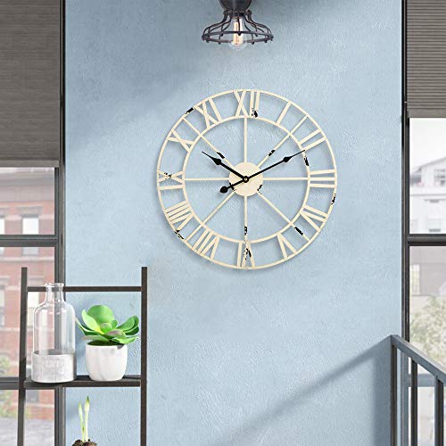 Wall Decor Clocks, European Vintage Clock with Large Roman Numerals, Indoor Silent Battery Operated Metal Clock for Home, Living Room, Kitchen & Den - 18 Inch, White