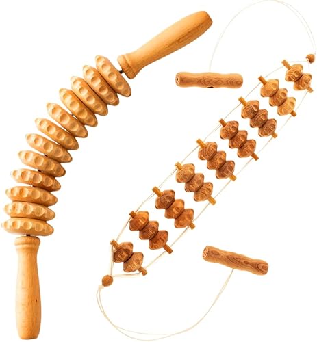 Mr.Woodware Herramientas de masaje de terapia de madera, 2 piezas de drenaje linfático de madera curvada y masajeador de espalda con kit de masaje