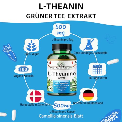 L-Theanin 500 mg – 180 Vegane Kapseln – Hochdosierte Aminosäure aus Grüntee | 6-Monatsvorrat | 98% Rein, Keine Zusatzstoffe | Hergestellt in Dänemark