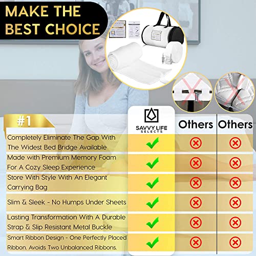 Savvy Life Selects Bed Bridge Connector (Ultra Wide) 12 Inch Non-Slip Design | Adjustable Mattress Connector | Twin To King Converter Kit | 25D Memory Foam Mattress Extender | Storage Bag Included