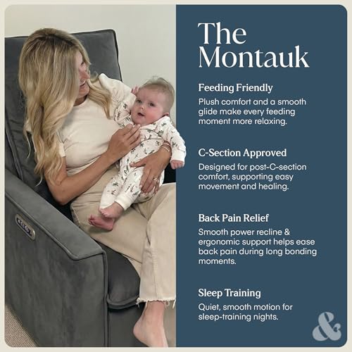 Image of Nurture& Montauk Power Glider Recliner - Premium Nursery Recliner Chair with USB‑A /C, Adjustable Headrest & Gentle Glide, Stain‑Resistant Upholstery, Comfortable & Space‑Smart, Gray