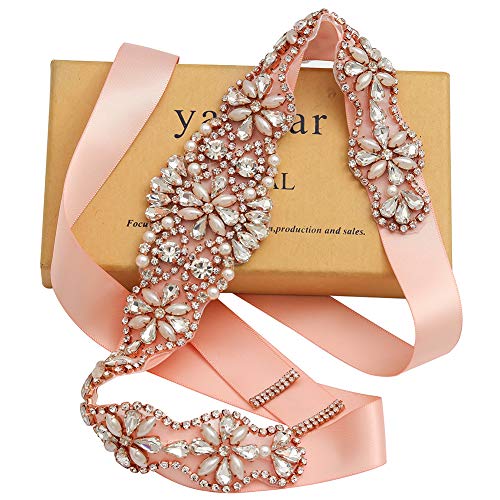 Yanstar Handmade Rose Gold Crystal Bridal Belts Blush Sashes Wedding Belt With Rhinestone