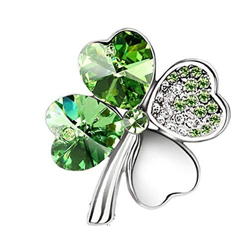 AILUOR Green Shamrock Silver Crystal Diamond Accent Four Leaf Clover Brooch Pins Rhinestone Lapel Pin for women, Gift Box (Green)