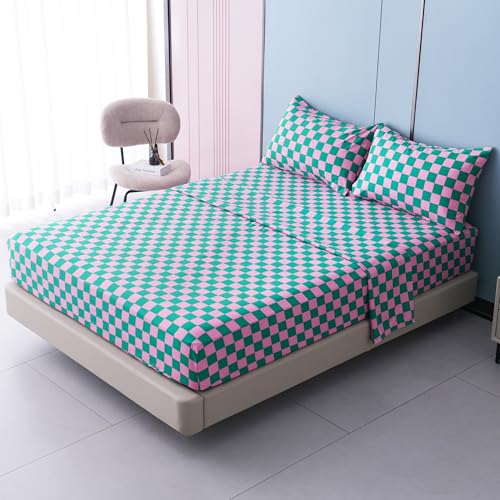 Best Season Queen Size Sheet Set 4 Piece -Microfiber Soft Durable Bedding Sheet Set,Deep Pocket,Stain,Fade & Wrinkle Resistant (Plaid Pink&Green)