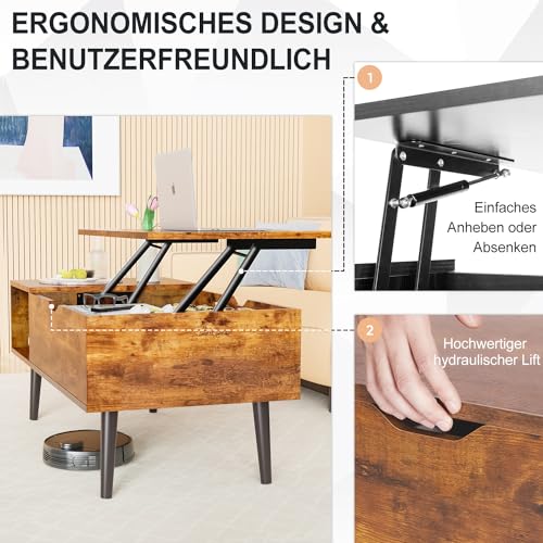 DUMOS Couchtisch Höhenverstellbar, Qualität Wohnzimmertisch, Multifunktionales Coffee Table Ausziehbar, Couchtisch mit Stauraum, Geeignet für Wohnzimmer, Schlafzimmer, Büro (Braun) – Bild 6