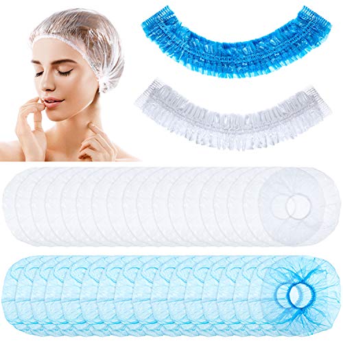 300 Pieces Disposable Shower Caps Clear Waterproof Plastic Elastic Caps Processing Clear Bathing Caps in White and Blue for Home Salon Spa Hotel Supplies (Blue and White)
