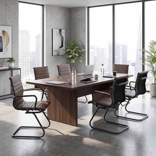 Image of HNY Leather Office Guest Chairs & Reception Chairs Set of 6, Modern Waiting Room Chairs with Arms, Desk Chair no Wheels with Sled Base for Waiting Room /Conference Room, Retro Brown