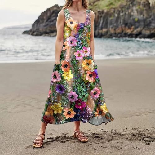 Plus Size Cotton Linen Summer Dresses for Curvy Women 2025 Sleeveless Maxi Vacation Beach Sundresses with Pockets