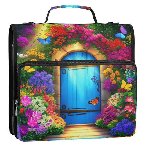バインダージッパーオーガナイザー 鮮やかな青いドア カラフルな花 3リングバインダー 1.5インチ Dリング 漫画バインダー ショルダーストラップ付き 学校ポートフォリオ&ケースリングフォルダーホルダー用