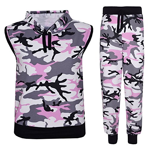 Image of A2Z 4 Kids Girls Camouflage Print Crop Top Legging Jacket Hoodie And Bottom Jacket Sweatshirt Top Bottoms - Baby Pink Camo T.S Sleeveless 7-8
