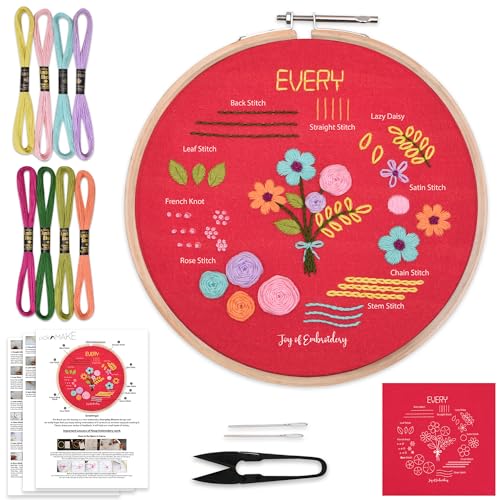 Image of picknMAKE Hand Embroidery Kit for Beginners with Printed Fabric, Threads, Hoop, Needles & Instructions | DIY Art & Craft Kit for Adults & Kids | Everyday Blooms Theme