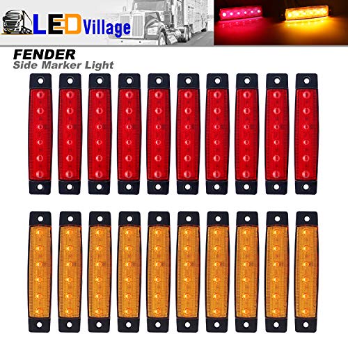 Pack of 20 LEDVillage 10 pcs Amber 10 pcs Red 3.8" 6 LED Side Marker Lights, Trailer Marker Lights, Rear Side Marker Lamp, Led Marker Lights for Trucks, Cab Marker, RV Marker light