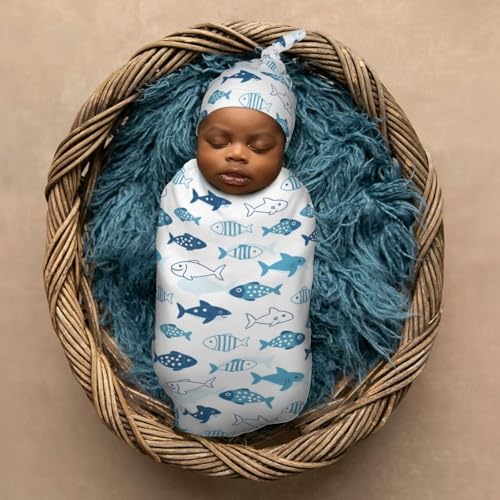 Image of Blue Shark and Fish Newborn Swaddle Blankets Hat Sets Soft Baby Receiving Blanket Swaddle Sack for Baby Shower Infant Boy Girl Gift