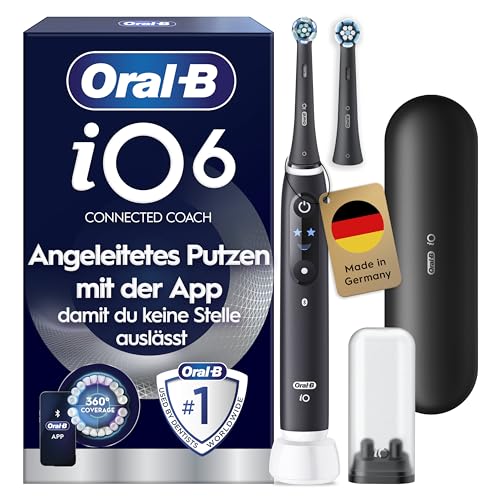 Oral-B iO Series 6 Elektrische Zahnbürste — Electric Toothbrush, Inkl. 2 Aufsteckbürsten und Reise-Etui — 5 Putzmodi für Zahnpflege, Zahnbürste Elektrisch, Designed by Braun, Schwarz