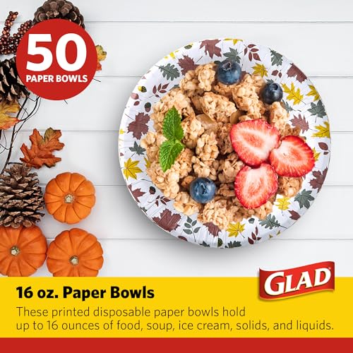 Glad Round Disposable Paper Bowls, Falling Foliage Design - Heavy Duty, Soak Proof, Cut-Resistant, Microwavable Bowl for All Foods & Daily Use, 16 Oz, 50 Count