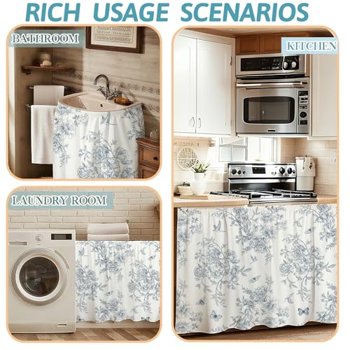 Rideaux courts bleus vintage pour cuisine et meuble bas