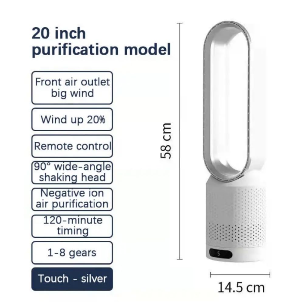Ventilateur Colonne Sans Pale,Ventilateur Silencieux de 58 cm,Oscillation 90°, 8 Vitesses, Écran Tactile LED, Minuterie Et Télécommande Incluses,Pour Salon, Chambre Et Bureau 14.5 * 58CM (Plata)
