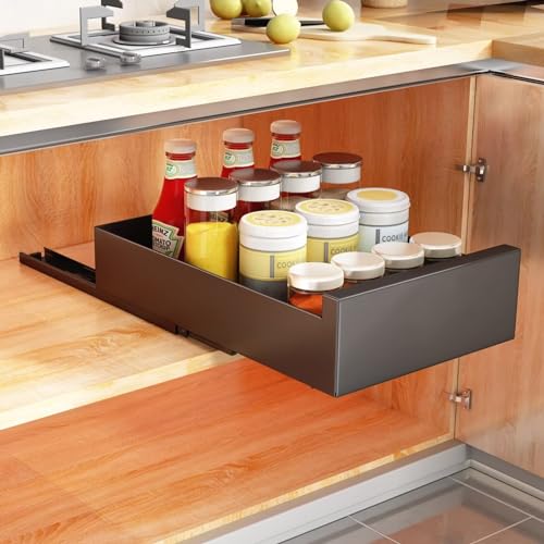 FHSLKXIM Kitchen Drawer Organizer With Rails Extendable Sliding Cabinet Shelf For Cupboard Drill Free Telescopic Storage Shelves Pull Out Drawer For Kitchen 35Cm,Black,30cm