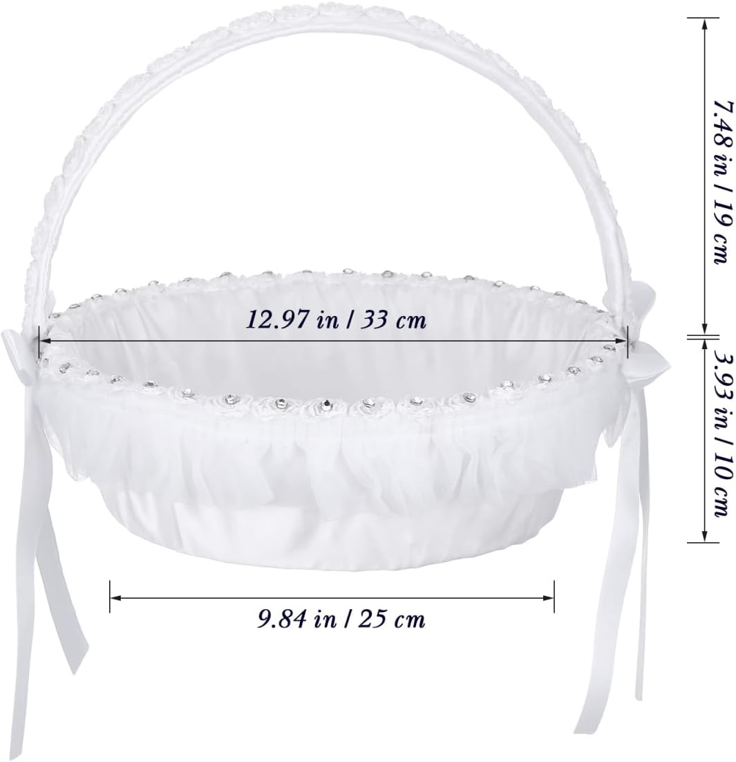 STOBAZA White Flower Girl Basket for Wedding, Lace Handle Bowknot Fairy Petal Basket for Girls and Kids, Wedding Decoration and Party Supplies